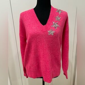 LOFT Bright Pink V-Neck Sweater with Glittering Silver Stars